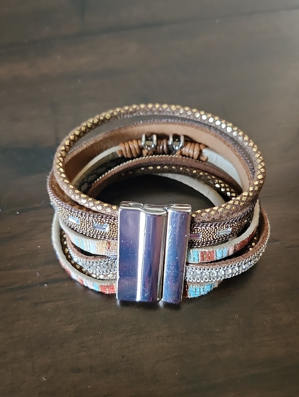 Unique 7 Strand Magnetic Clasp Brown And Turquoise Bracelet - Picture 2 of 4